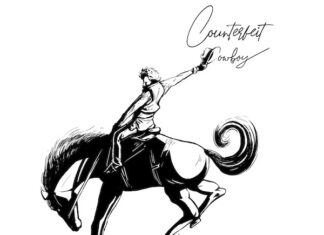 Counterfeit Cowboy Hand drawing of cowboy riding a bucking bronco with hat extended, the logo for Counterfeit Cowboy Western cocktail bar.