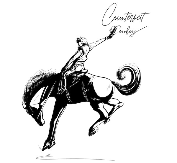 Hand drawing of cowboy riding a bucking bronco with hat extended, the logo for Counterfeit Cowboy Western cocktail bar.