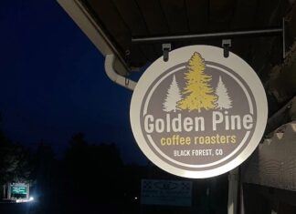 Golden Pine Coffee Roasters Sign outside of Golden Pines Coffee Roasters in Black Forest, Colorado Springs