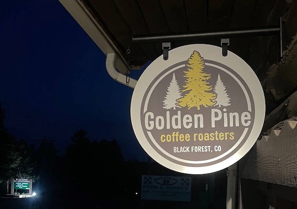 Sign outside of Golden Pines Coffee Roasters in Black Forest, Colorado Springs