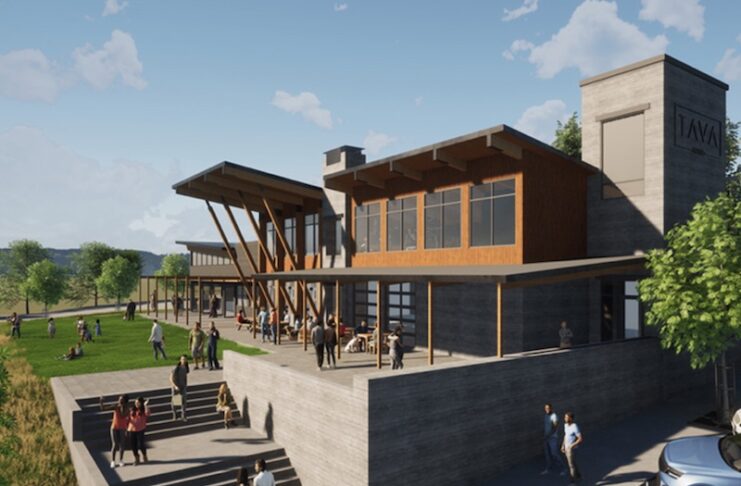 An architectural rendering of Tava House, a new fine dining restaurant and wedding event space coming to Woodland Park in 2026.