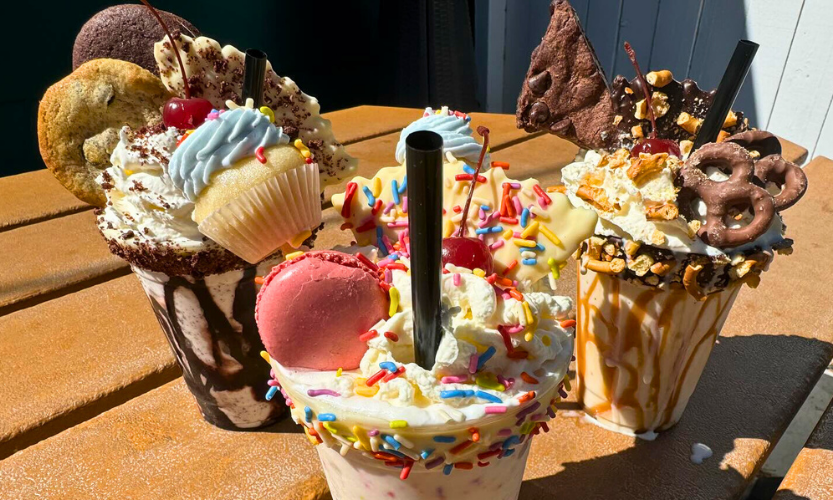 Ice cream shakes topped with sprinkles, macaroons and other sweet treats placed on outdoor table at Lolley's Ice Cream