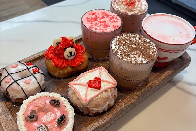 Valentine's Day flight of donuts and coffee drinks at Happy Hour Donuts.