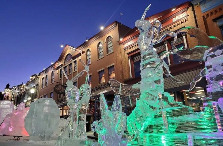 Large ice sculptures line the street at the Cripple Creek Ice Festival.