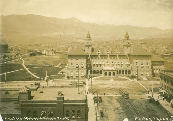 Historic photo of the Antlers Hotel in Colorado Springs.
