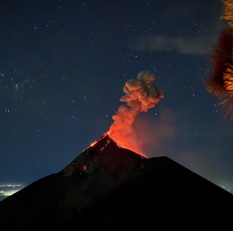 Glowing lava spews into the night sky as Fuego de Volcan erupts in Guatemala. 