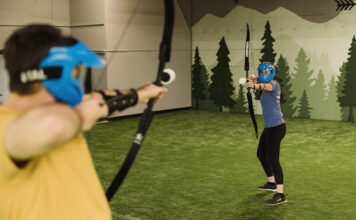 Two archers face off in a game of archery dodgeball at Sherwood Showdown in Colorado Springs.