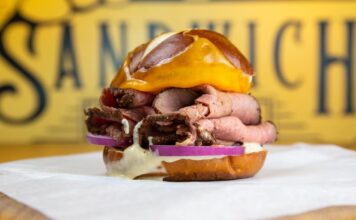 The London Broil Pretzel Roll sandwich at Colonel Mustard's Sandwich Emporium in Colorado Springs