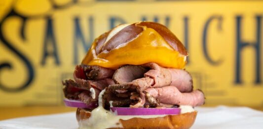 Share the Love, Pass the Mustard at Colonel Mustard’s Sandwich Emporium The London Broil Pretzel Roll sandwich at Colonel Mustard's Sandwich Emporium in Colorado Springs