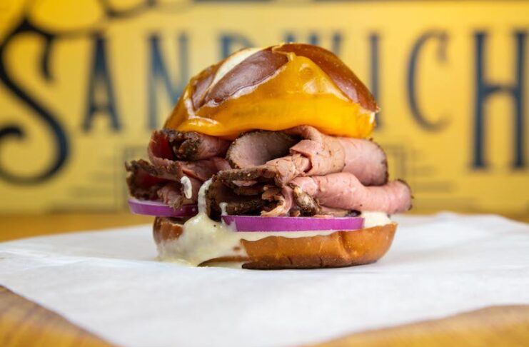 The London Broil Pretzel Roll sandwich at Colonel Mustard's Sandwich Emporium in Colorado Springs
