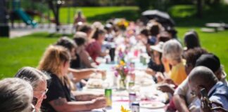 A long table in the park for a 150 Tables gathering by Hey Neighbor in Colorado Springs