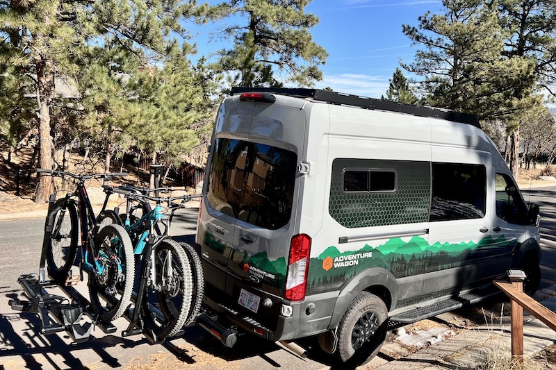 Mountain bikes on a Yakima StageTwo bike rack on the Adventure Wagon