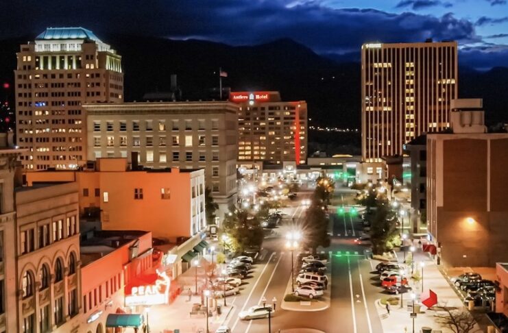Skyview of downtown Colorado Springs cityscape at night