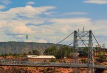 An athlete highlining over the Royal Gorge Bridge.