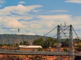 Gap the Gorge Strings Slacklines Across the Royal Gorge An athlete highlining over the Royal Gorge Bridge.