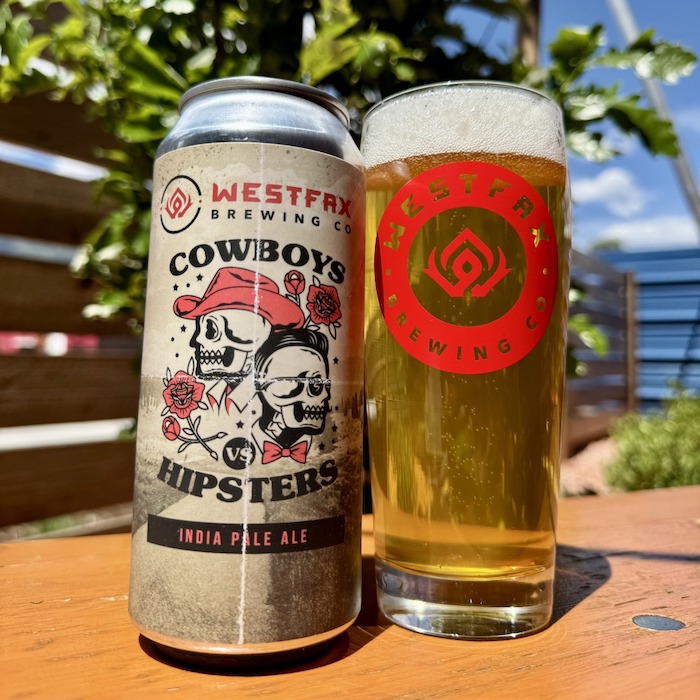 A can and glass of new release Cowboys vs Hipsters beer at WestFax Brewing Company Colorado Springs.