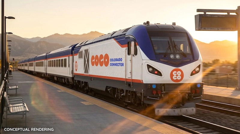 New logo and branding on CoCo the Front Range Passenger Rail train.