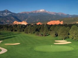 Hit ‘Em Straight: A Guide to Golf Courses in Colorado Springs and Beyond Overview of Kissing Camels Golf Club at Garden of the Gods Resort with Pikes Peak and Garden of the Gods in the background