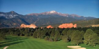 Hit ‘Em Straight: A Guide to Golf Courses in Colorado Springs and Beyond Overview of Kissing Camels Golf Club at Garden of the Gods Resort with Pikes Peak and Garden of the Gods in the background