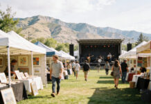 People roam among vendor tents at the Palmer Lake Arts Fest as a live band plays on stage