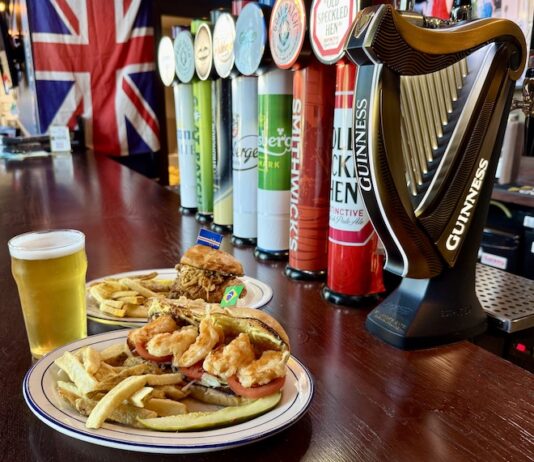 The Brit Pub Collabs on Shinedown Sandwiches Shinedown hot sauce sandwiches on the bar at the Brit Pub in Colorado Springs.