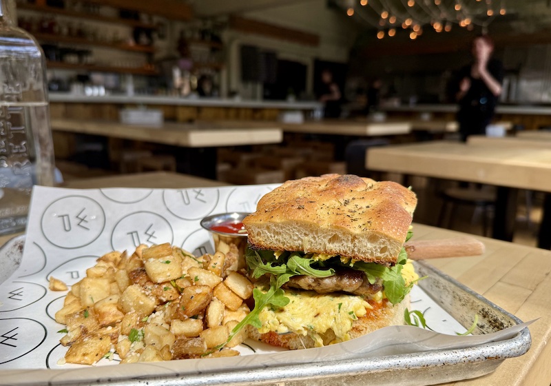 Egg sandwich on focaccia bread at White Pie brunch in Colorado Springs