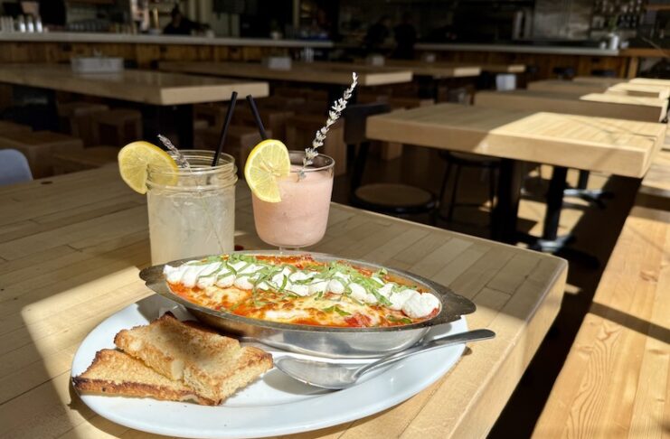 Brunch at White Pie in Colorado Springs featuring a frose, lavender mocktail and Frittata Affogata