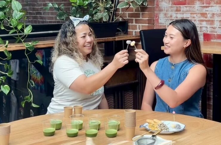Fatima Concepcion and Dai Wong taste test matcha powders at BreCHa matcha lounge in downtown Colorado Springs.