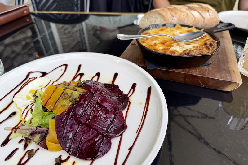 Roasted Beet Salad and Baked Cheese Skillet at Wesley & Rose at Surf Hotel in Buena Vista.