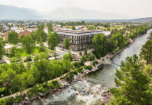 Overhead view of Surf Hotel in Buena Vista, CO, along the Arkansas River.