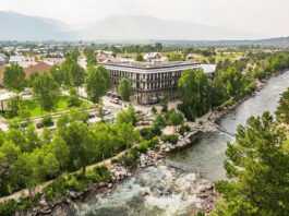 Surf Hotel Is Buena Vista Elevated Overhead view of Surf Hotel in Buena Vista, CO, along the Arkansas River.