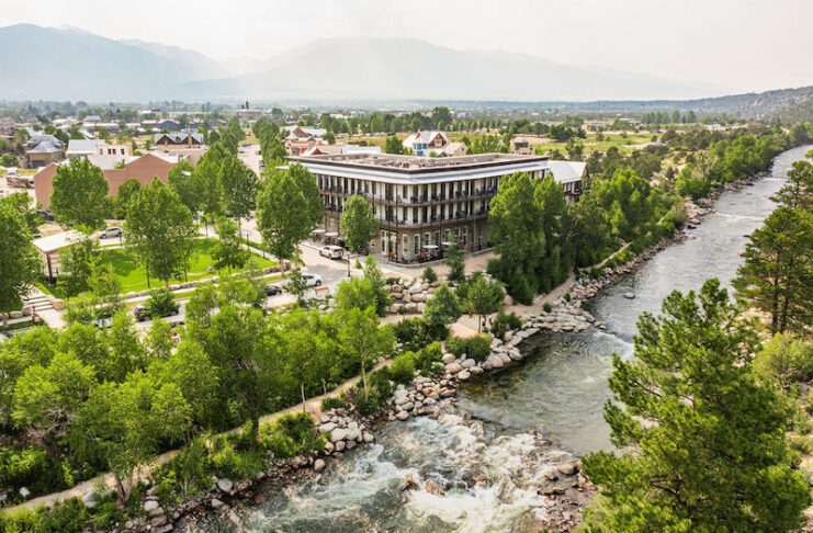 Overhead view of Surf Hotel in Buena Vista, CO, along the Arkansas River.