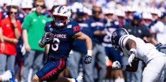A quarterback scramble in the Air Force versus Duquesne football game. The Air Force vs Navy game is one of the best things to do in Colorado Springs this weekend.