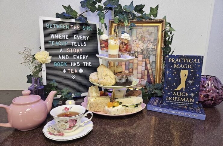 A book and tea display at the new Between the Sips romance bookstore and tea room in Colorado Springs.