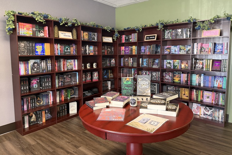 Book displays at Between the Sips romance bookstore and tea room.