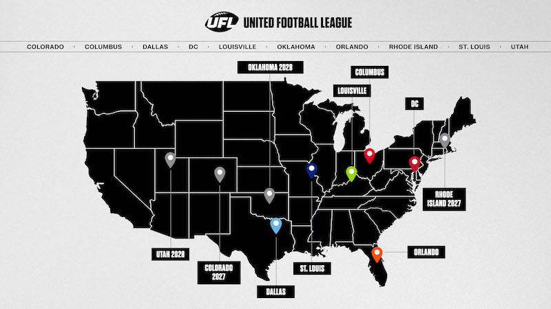 A map of future UFL football expansion to Colorado Springs and other cities.