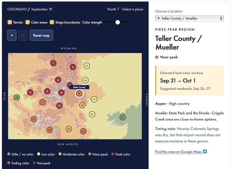 The Peaks2Plains Fall Forecast map showing Teller County and Mueller State Park fall color forecast. 