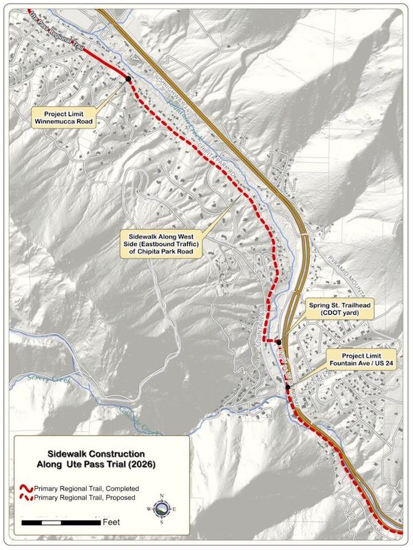 Map of the new Ute Pass Regional Trail extension from Cascade to Teller County.