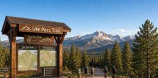 A rendering of the new Ute Pass Regional Trail trailhead sign and Pikes Peak.