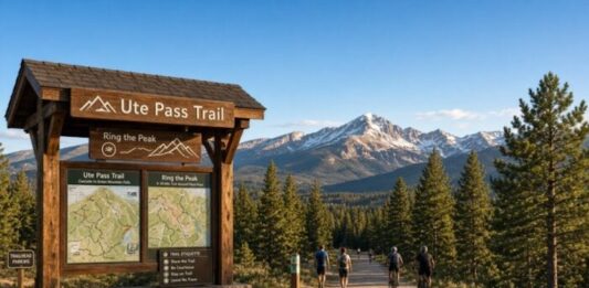 Ute Pass Regional Trail Extension on Track to Open This Fall A rendering of the new Ute Pass Regional Trail trailhead sign and Pikes Peak.