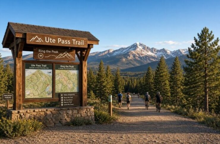 A rendering of the new Ute Pass Regional Trail trailhead sign and Pikes Peak.
