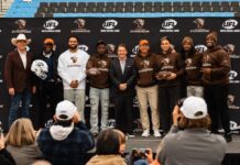 UFL and Colorado Springs leaders introduce the Colorado Stampede at Weidner Field.