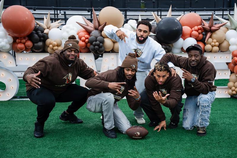 Colorado Stampede players pose at Weidner Field for the launch party for the new UFL pro football team in Colorado Springs.