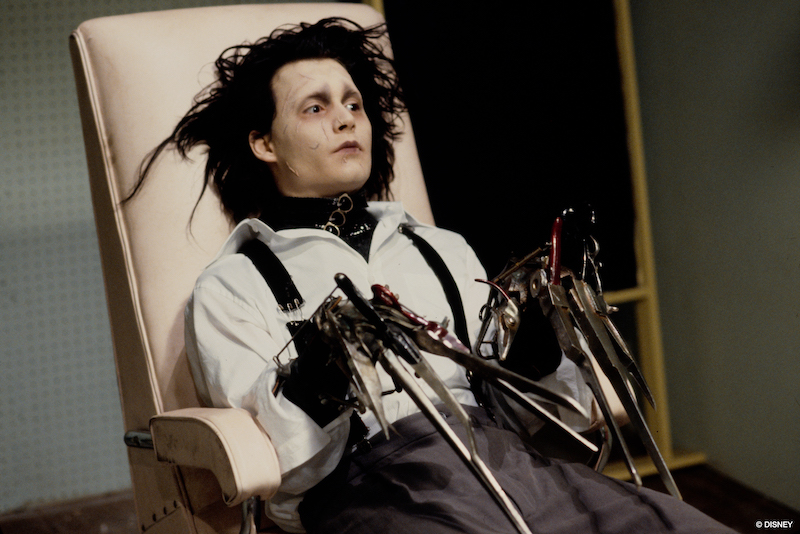 Johnny Depp on screen as Edward Scissorhands.