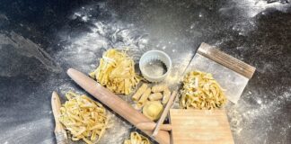 Handmade pasta and cooking utensils at Roth's cooking class with Chef Ricky Biswas.