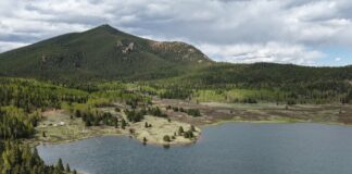 Aerial view of Rosemont Reservoir, site of new camping near Colorado Springs as part of the Pikes Peak Recreation Area.