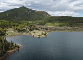 Aerial view of Rosemont Reservoir, site of new camping near Colorado Springs as part of the Pikes Peak Recreation Area.