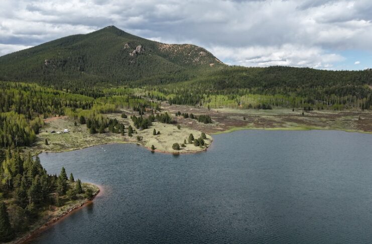 Aerial view of Rosemont Reservoir, site of new camping near Colorado Springs as part of the Pikes Peak Recreation Area.